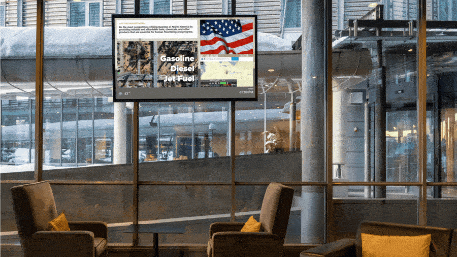 Animated, Lobby digital signage displaying social media, local weather map, Reach Media Network