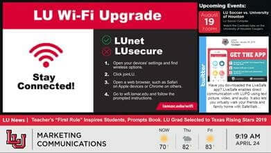 LU education digital signage screen displaying upcoming events, announcements, and campus news.