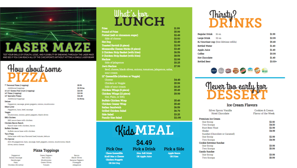 Laser Maze digital signage screenshot displaying the location's menu. Pizza, Lunch, Kids, Drinks, & Dessert.