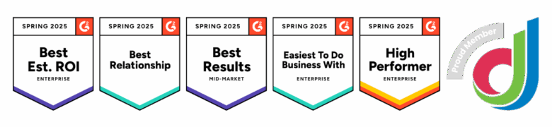 Icons of G2 badges for Spring 2025 showing REACH Media Network is Best Est. ROI for Enterprise, Best Relationship, Best Results for Mid-Market, Easiest To Do Business With for Enterprise, and a High Performer for Enterprise. There is also a logo with the Digital Signage Federation logo stating REACH Media Network is a proud member.