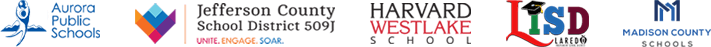 Reach Media Network's K-12 school digital signage client logos, Aurora Public Schools, Jefferson County School District 509J, Harvard Westlake School, Madison County Schools