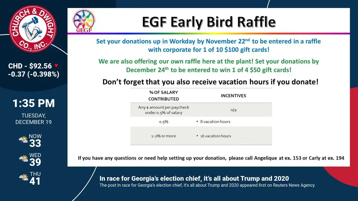 Church & Dwight corporate digital signage software from Reach Media Network displaying announcements, weather, and news headlines.