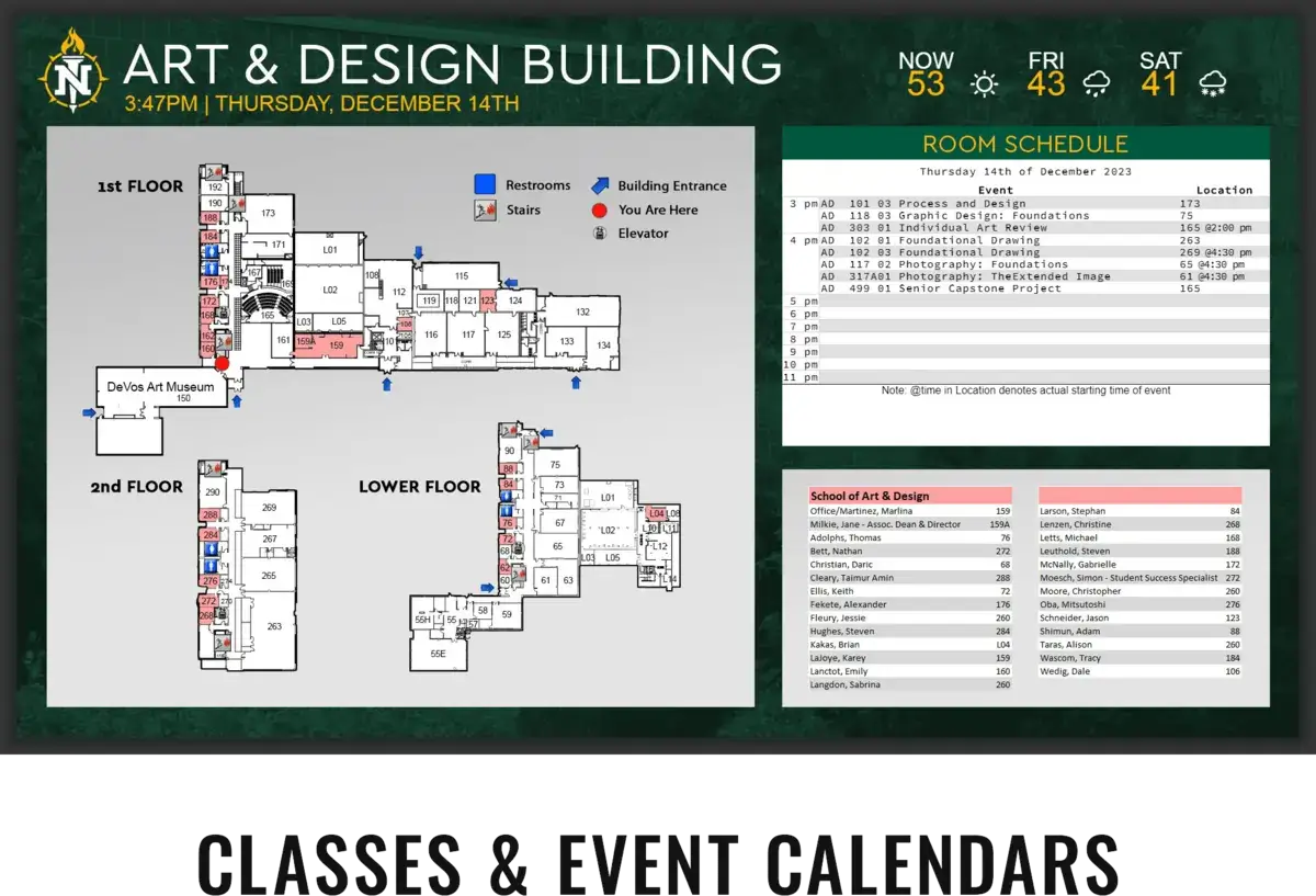 College art and design building digital signage screen from Reach Media Network displaying room schedules, directory, and building map.