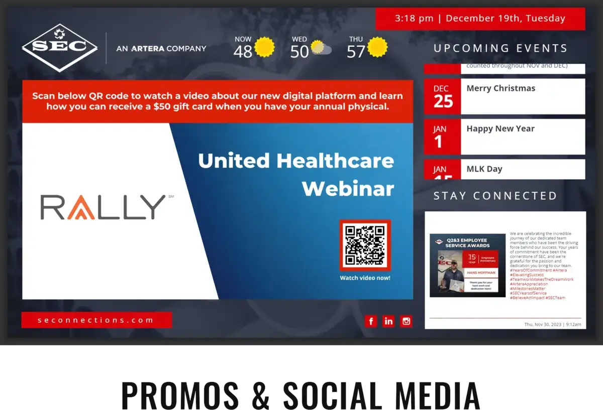SEC Corporate digital signage screen from Reach Media Network displaying upcoming events, social media, and announcements.