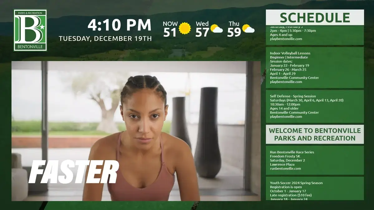 Bentonville parks and recreation digital signage software from Reach Media Network displaying daily schedule, welcome message, and imagery.