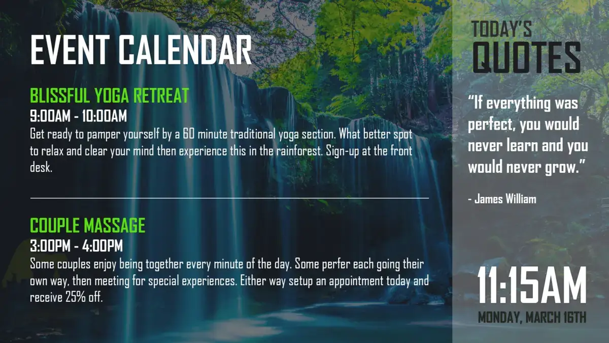 Digital signage screen displaying event calendar and daily quote with peaceful waterfall background image.
