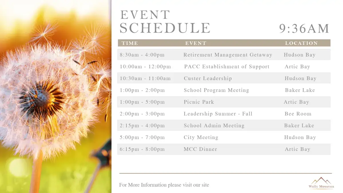 Wally Mountain digital signage screen from Reach Media Network displaying daily event schedule.