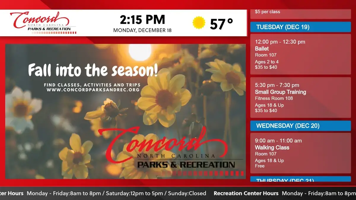 Concord NC Parks and Recreation digital signage software from Reach Media Network displaying daily schedules and announcements.