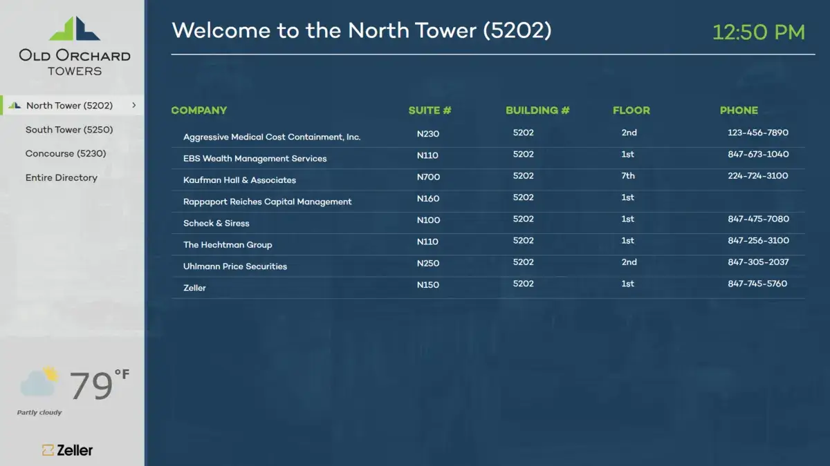 Zeller digital signage directory touch screen from Reach Media Network displaying Old Orchard Towers building tenants and current weather.