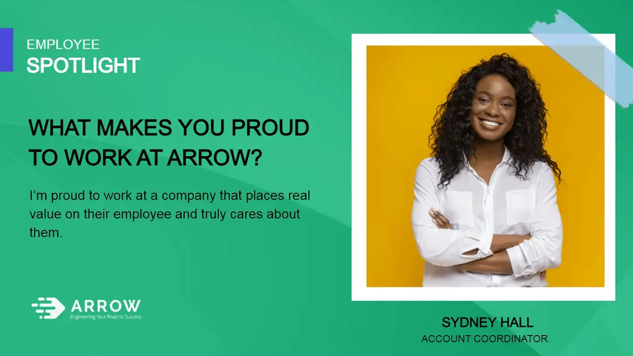 Arrow corporate digital signage screen from Reach Media Network displaying employee spotlight for account cooridinator.