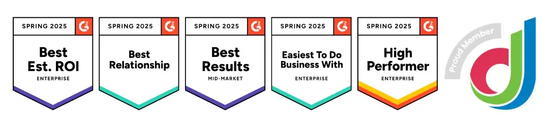 Icons of G2 badges for Spring 2025 showing REACH Media Network is Best Est. ROI for Enterprise, Best Relationship, Best Results for Mid-Market, Easiest To Do Business With for Enterprise, and a High Performer for Enterprise. There is also a logo with the Digital Signage Federation logo stating REACH Media Network is a proud member.