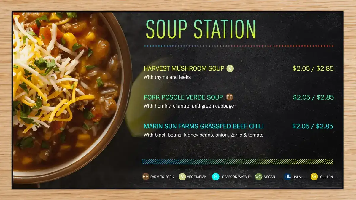 Joliet Junior College soup station menu board digital signage screen from Reach Media Network