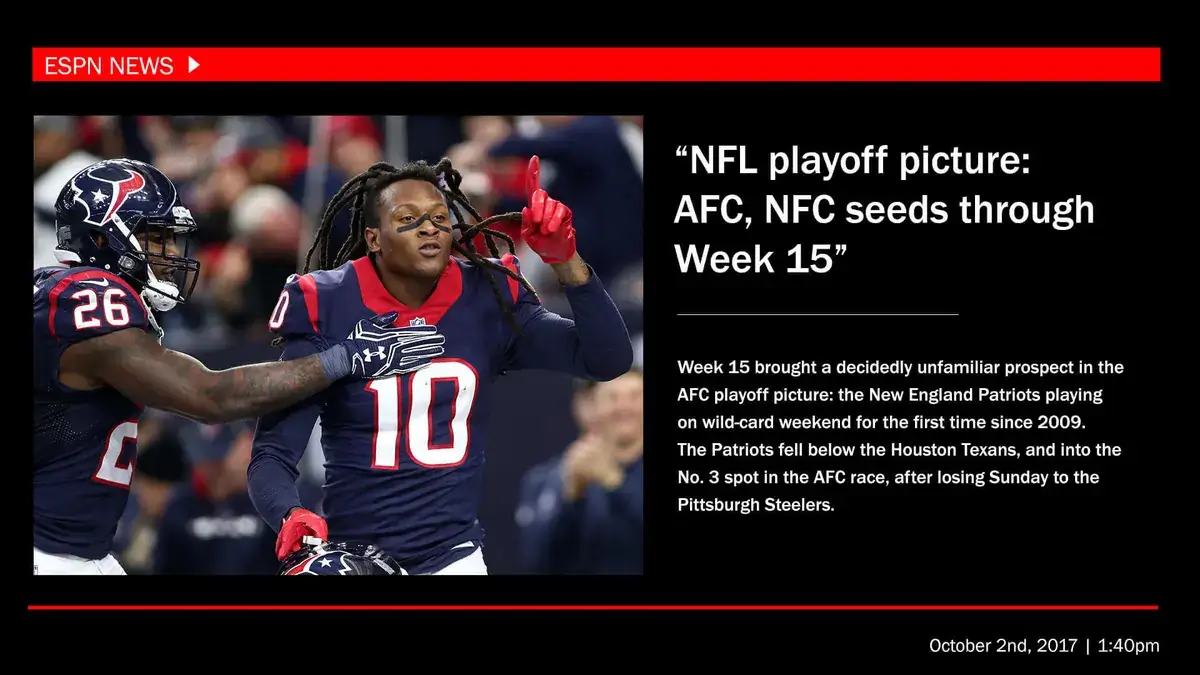 Digital signage screen from Reach Media Network displaying ESPN News headlines and images for AFC, NFC seeds.