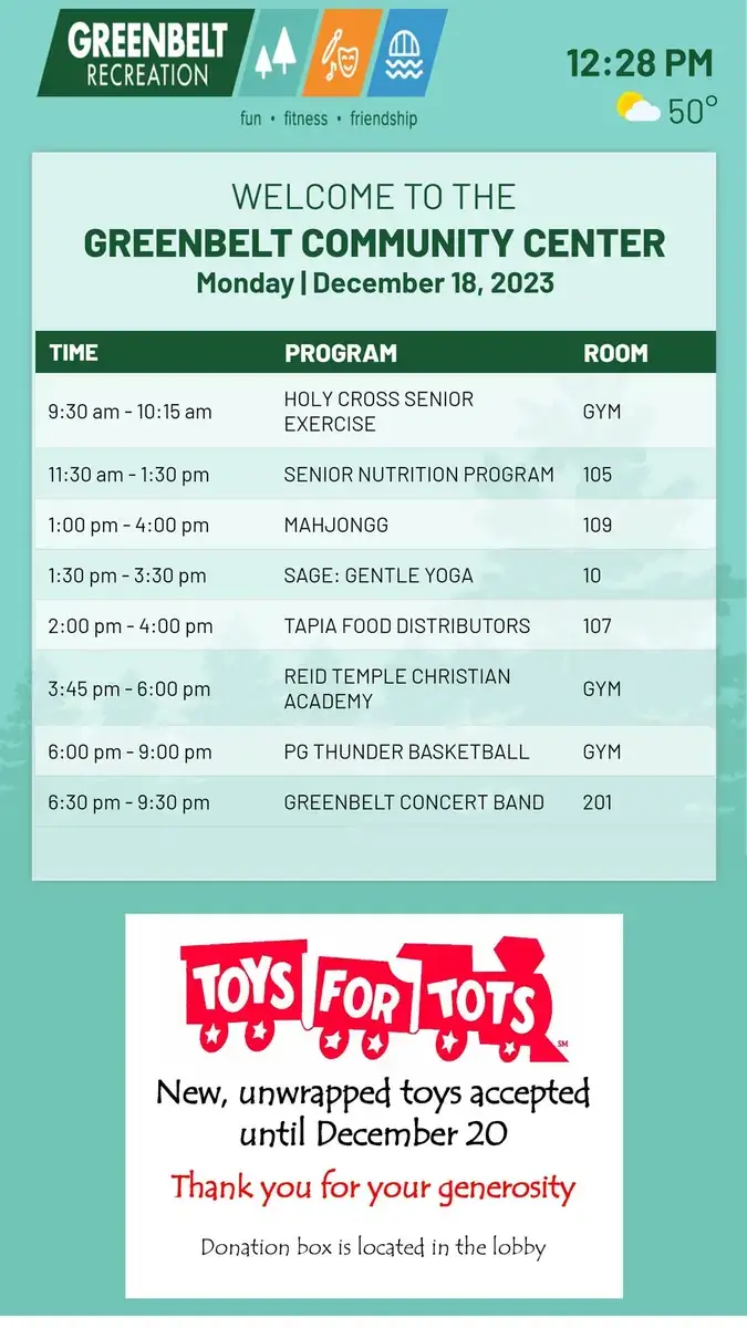 Greenbelt recreation vertical digital signage software from Reach Media Network displaying hourly program schedule and announcements.