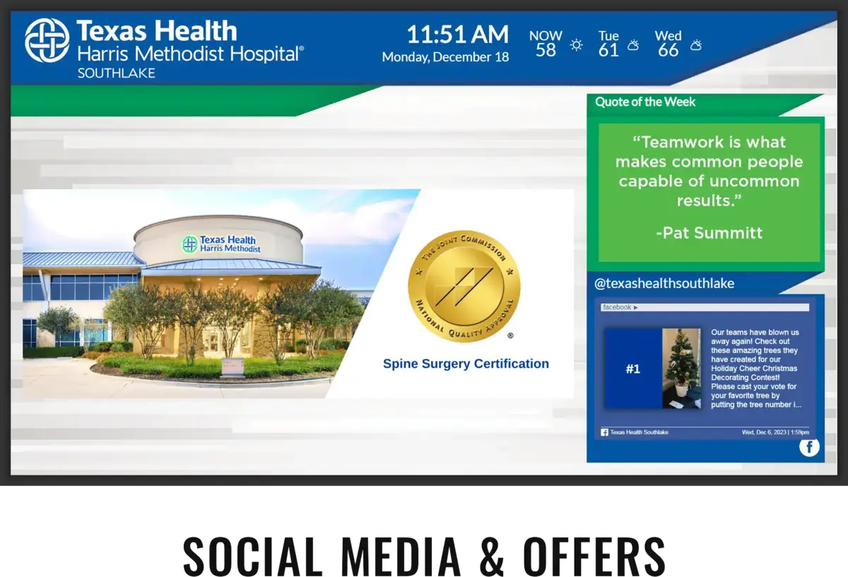 Texas Health Harris Methodist Hospital digital signage screen from Reach Media Network displaying quotes, social media, and announcements.