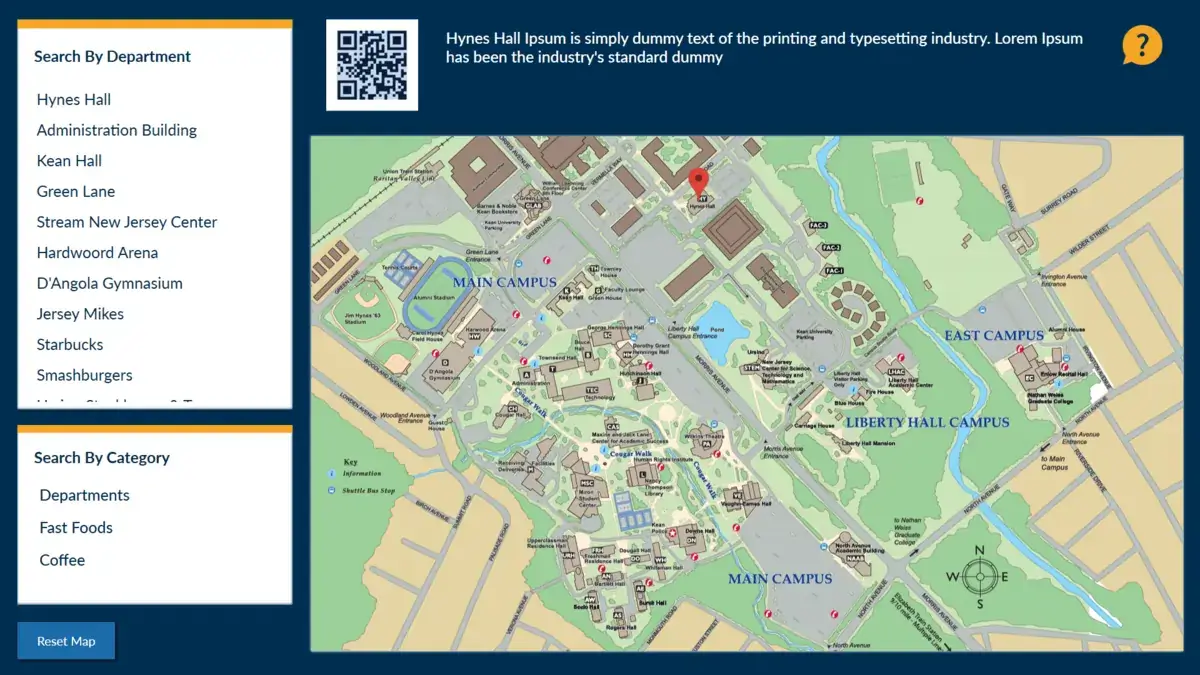 Kean University digital signage touch screen from Reach Media Network displaying campus map.