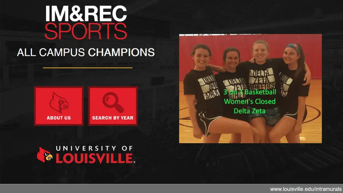 University of Louisville digital signage touch screen from Reach Media Network displaying 3 on 3 women's basketball image and About Us, Search by Year buttons.