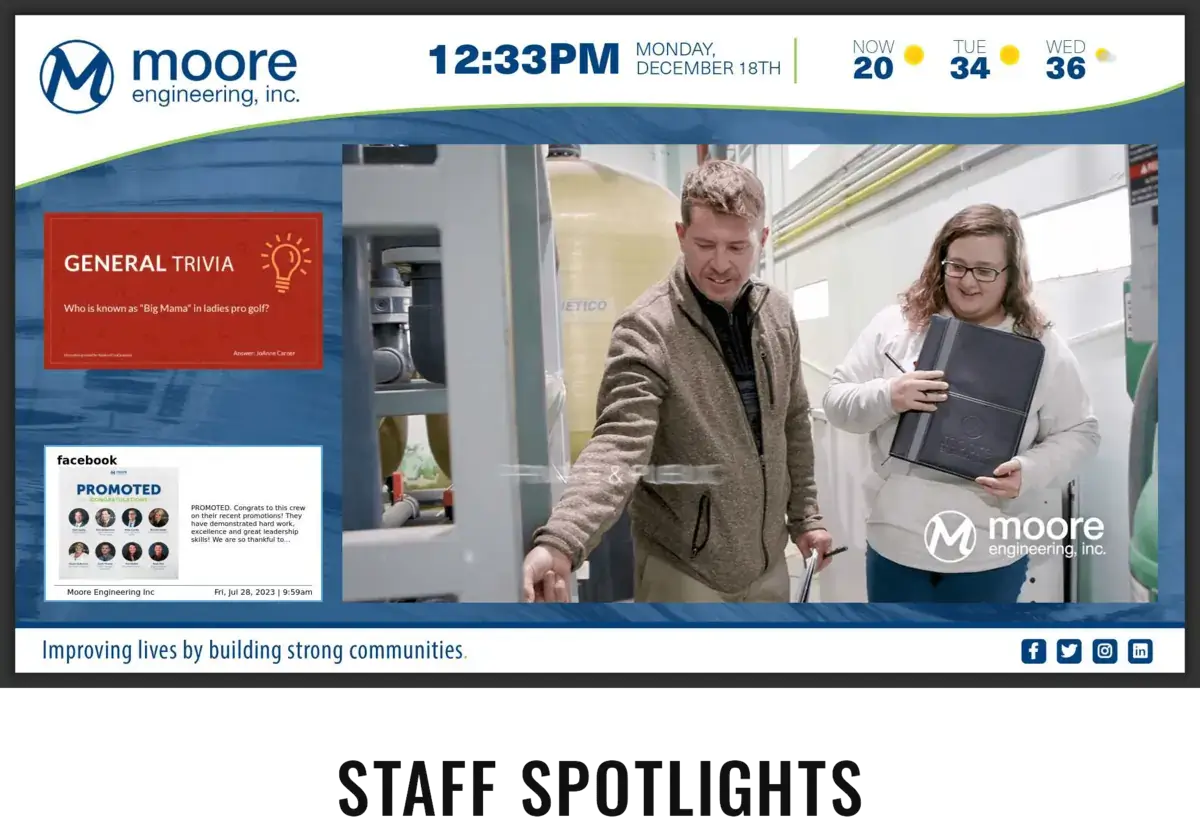Moore engineering digital signage screen from Reach Media Network displaying trivia, social media, and video.