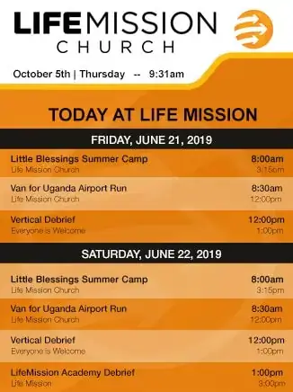 Life Mission Church horizontal digital signage from Reach Media Network displaying daily event schedules.