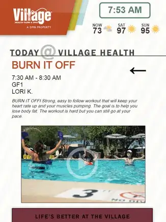 Village Health Clubs & Spas horizontal digital signage from Reach Media Network displaying current event information and video