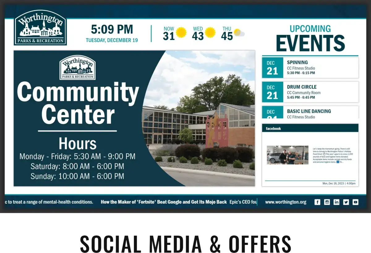 Worthington parks and recreation digital signage screen from Reach Media Network displaying upcoming events, building hours, and news.