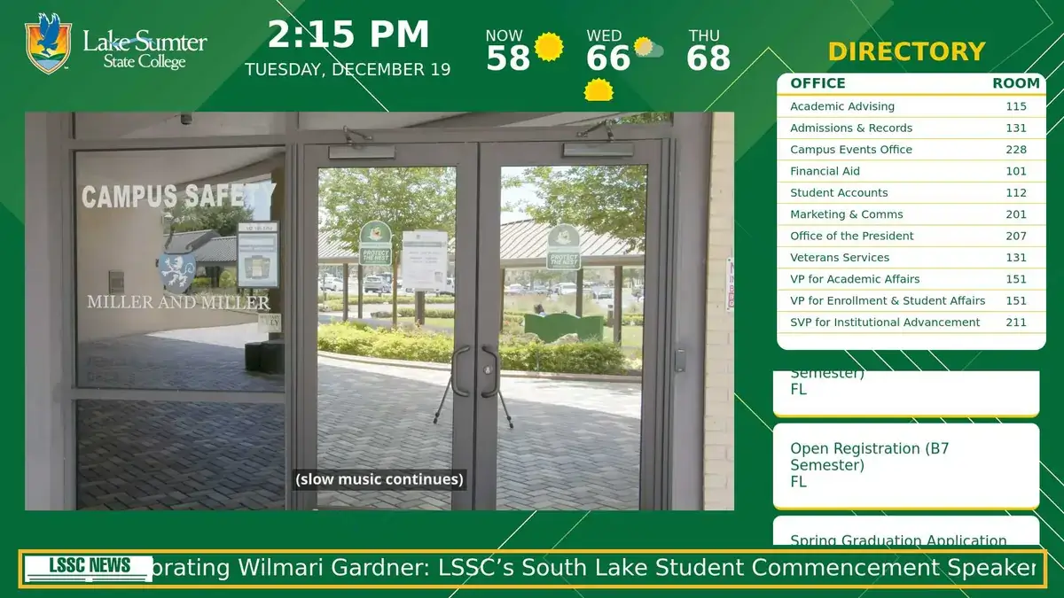 Lake Sumter State College digital signage screen from Reach Media Network displaying campus video, directory, latest news, and schedule.