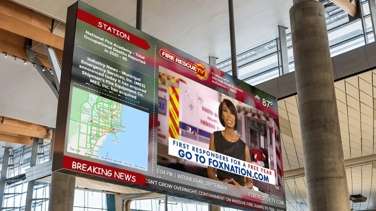 Fire Rescue TV digital signage screen from Reach Media Network hanging from ceiling, displaying live news, traffic map, and station news.