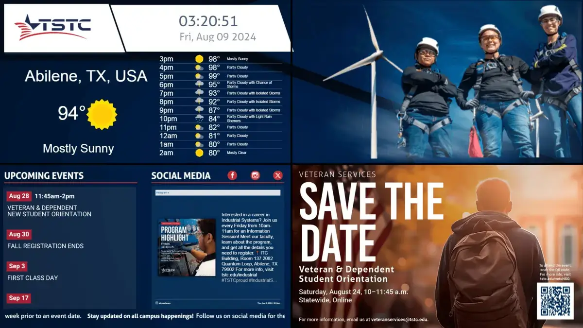 Texas State Technical College digital signage screen from Reach Media Network displaying weather, upcoming events, and social media.