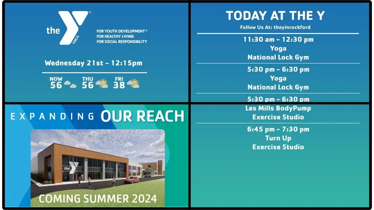 YMCA digital signage video wall from Reach Media Network displaying weather, daily schedule, and announcements