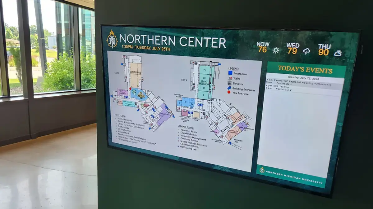 wayfinding digital signage screen from Reach Media Network featured in Northern Michigan University building.